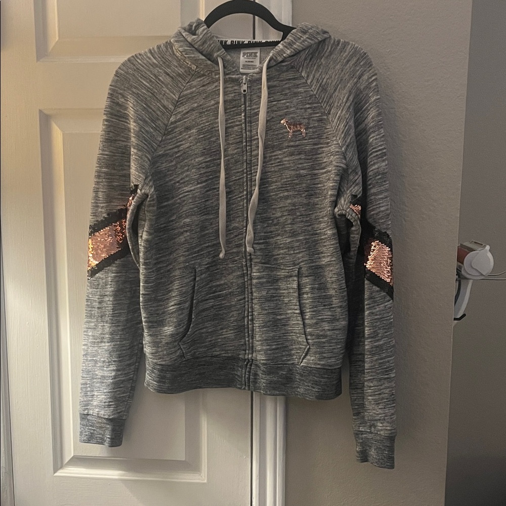Victoria’s Secret PINK Heather Gray Zip-Up Hoodie with Rose Gold Sequin Accents